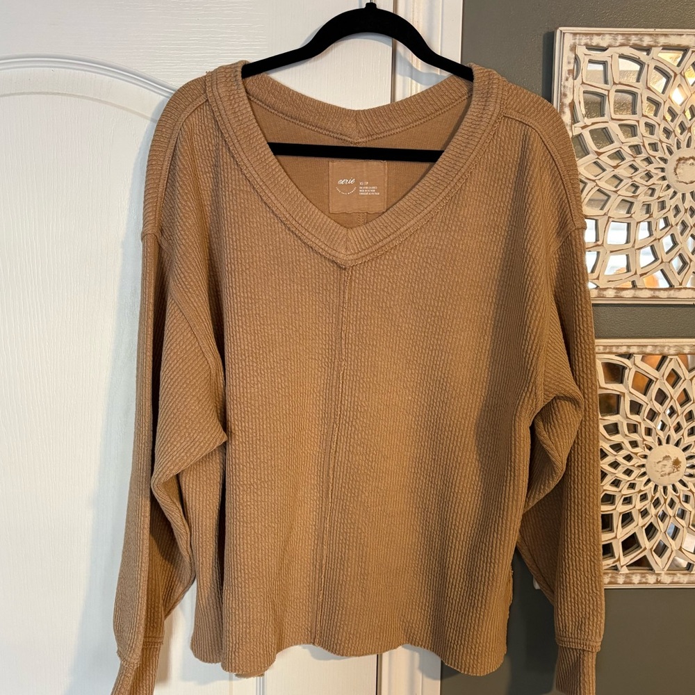 Aerie Oversized Big Hug Waffle V-Neck Sweatshirt